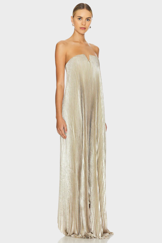 | Metallic Pleated Strapless Gown