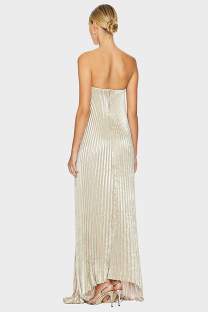 | Metallic Pleated Strapless Gown