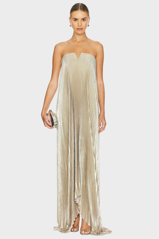 | Metallic Pleated Strapless Gown