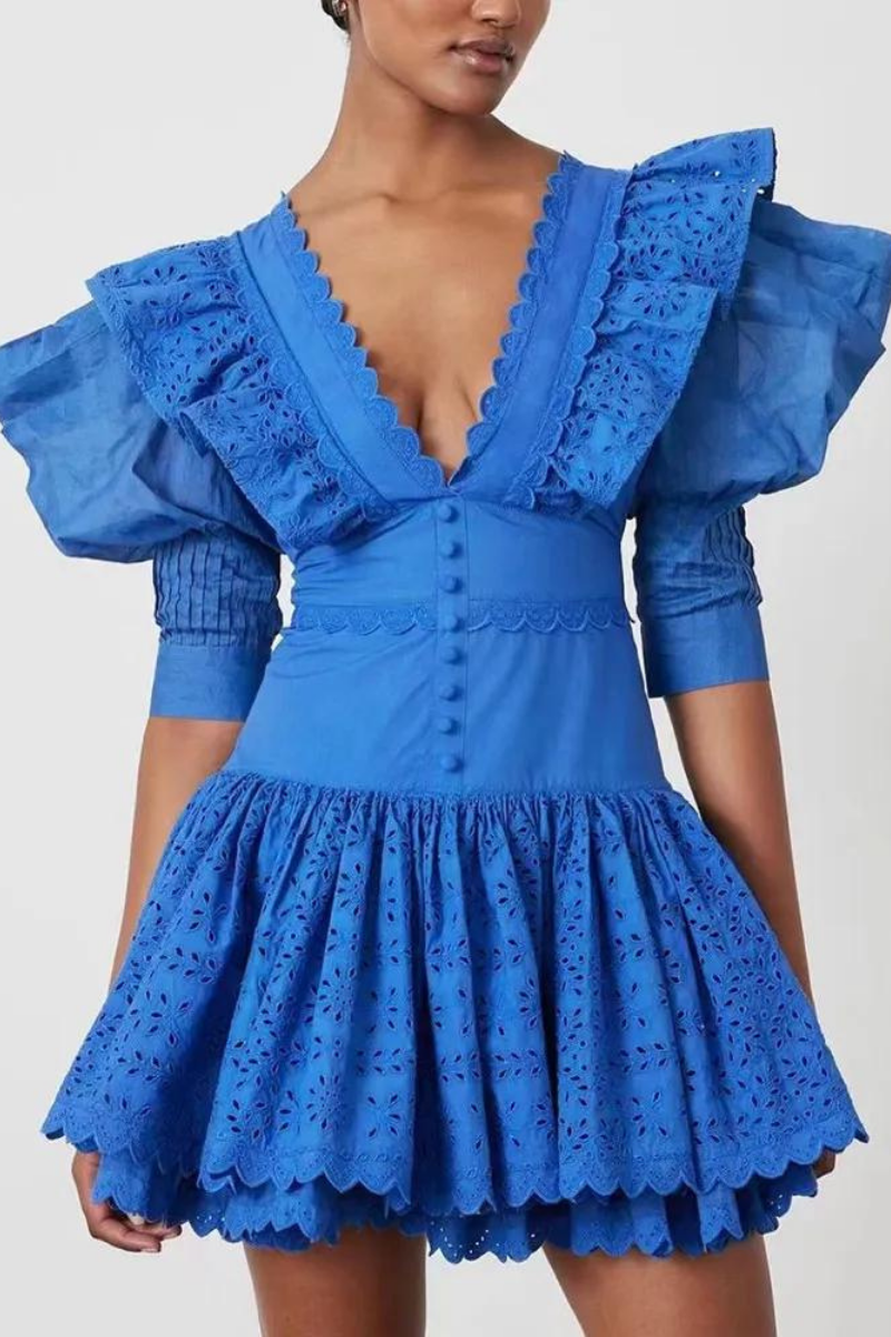 Eyelet Embroidery V-Neck Ruffle Trim Puff Sleeve Button-Front Tiered Mini Dress