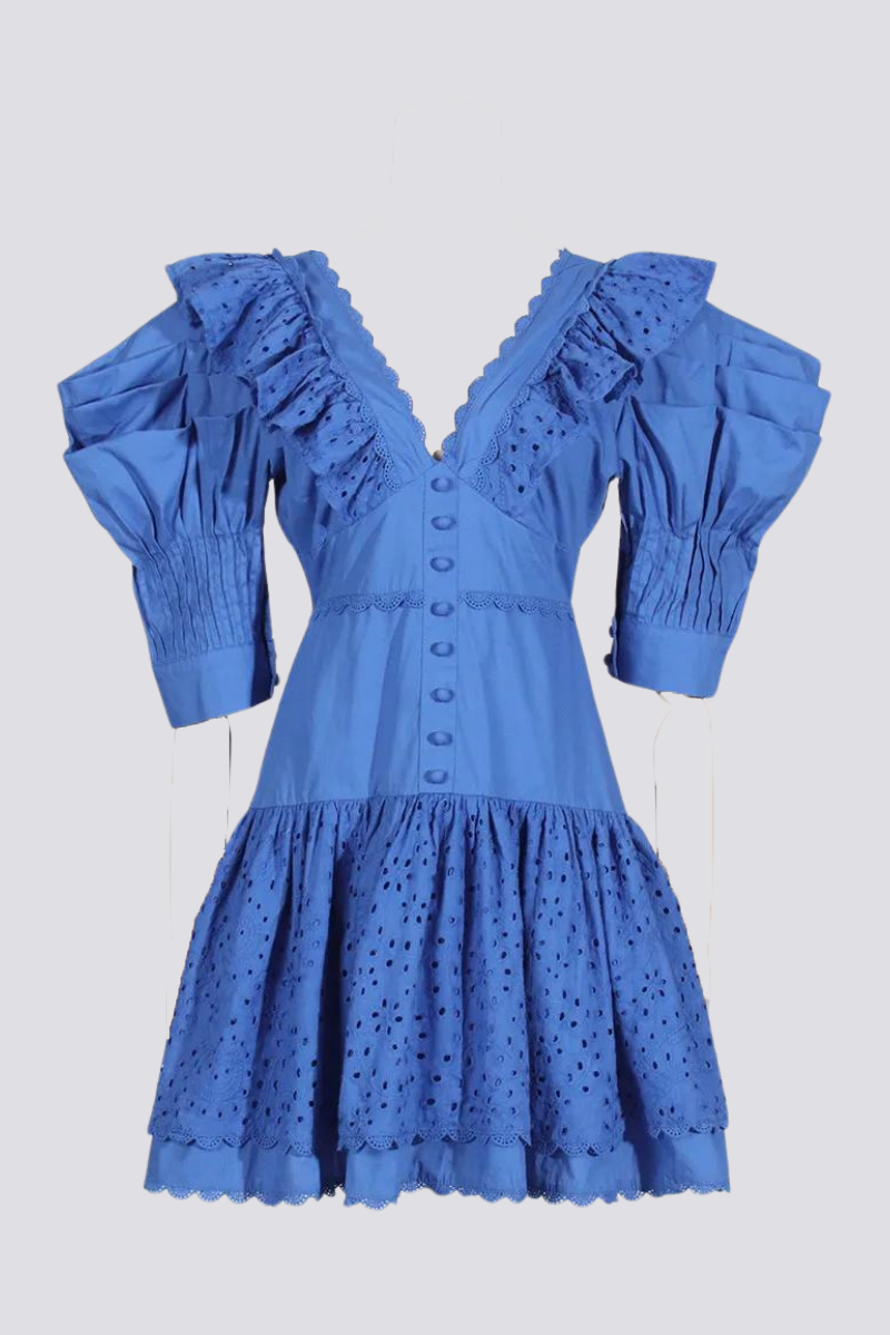 Eyelet Embroidery V-Neck Ruffle Trim Puff Sleeve Button-Front Tiered Mini Dress