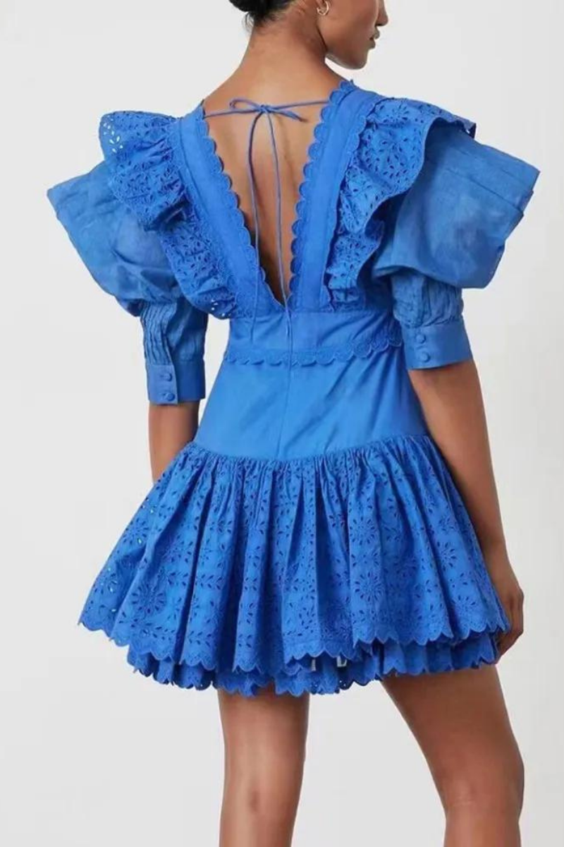 Eyelet Embroidery V-Neck Ruffle Trim Puff Sleeve Button-Front Tiered Mini Dress