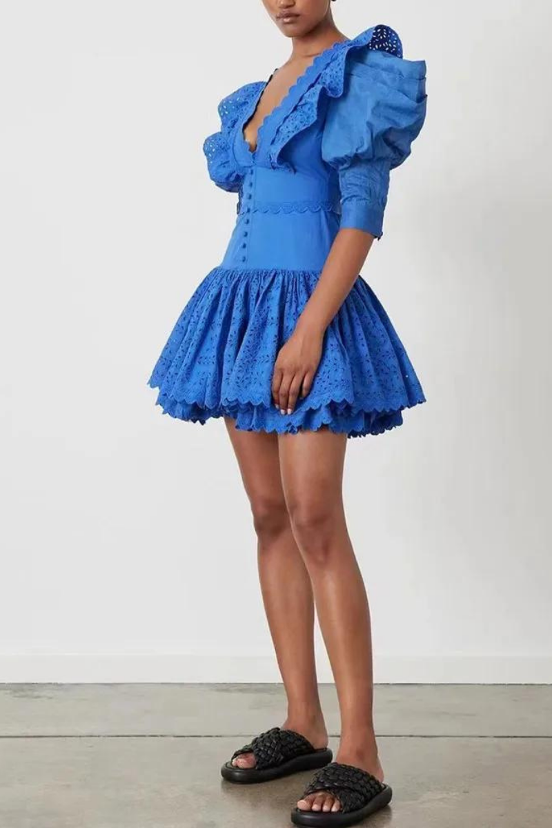 Eyelet Embroidery V-Neck Ruffle Trim Puff Sleeve Button-Front Tiered Mini Dress