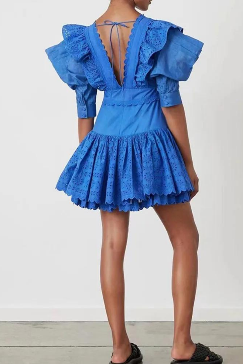 Eyelet Embroidery V-Neck Ruffle Trim Puff Sleeve Button-Front Tiered Mini Dress