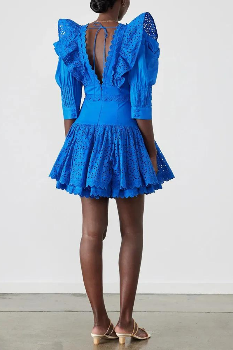 Eyelet Embroidery V-Neck Ruffle Trim Puff Sleeve Button-Front Tiered Mini Dress