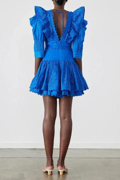 Eyelet Embroidery V-Neck Ruffle Trim Puff Sleeve Button-Front Tiered Mini Dress