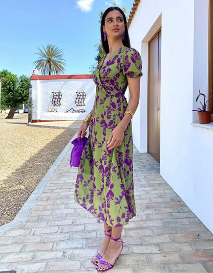 | Floral Wrap Design Midi Dress