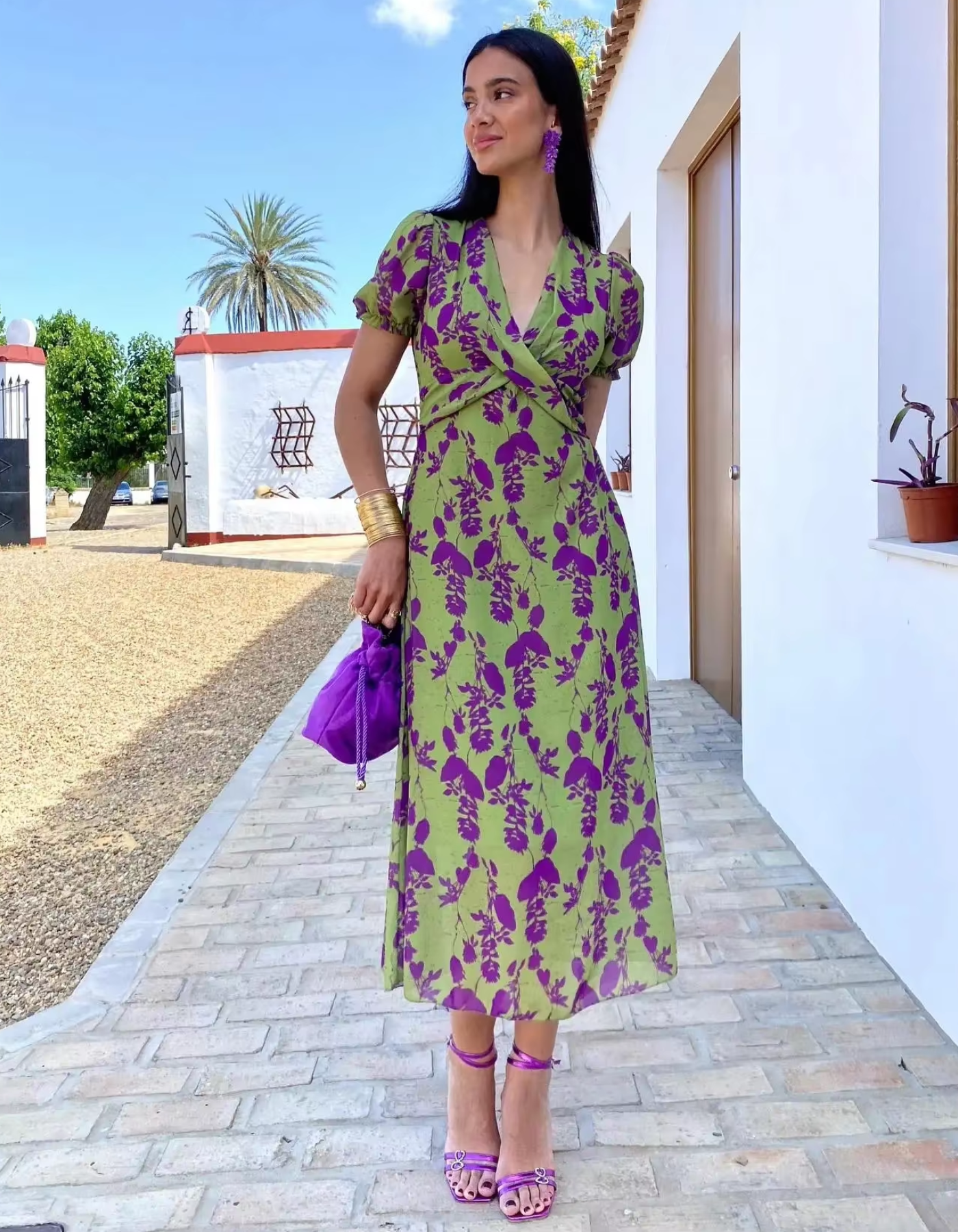 | Floral Wrap Design Midi Dress