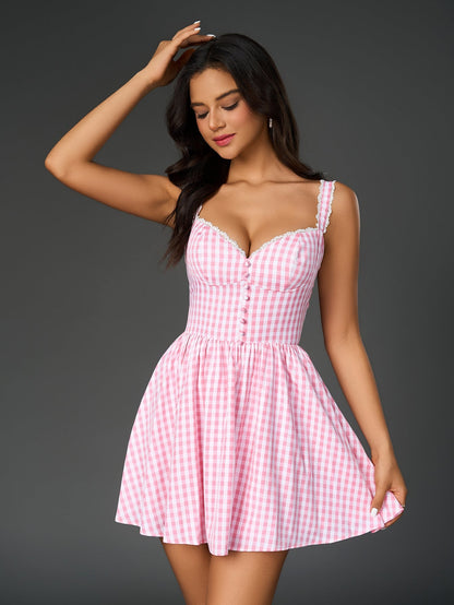 Embellished Button Plaid Print Cami Dress