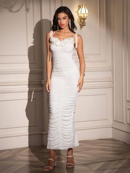 Embellished Knot Straps Ruched Solid Dress
