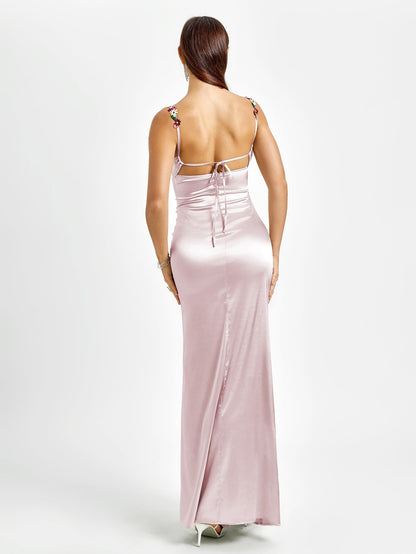 Embellished Strap Tie Back Satin Bodycon Dress