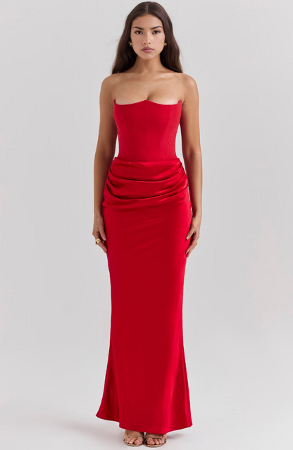 Strapless Corset Bodice Draped Ruched Satin Maxi Gown
