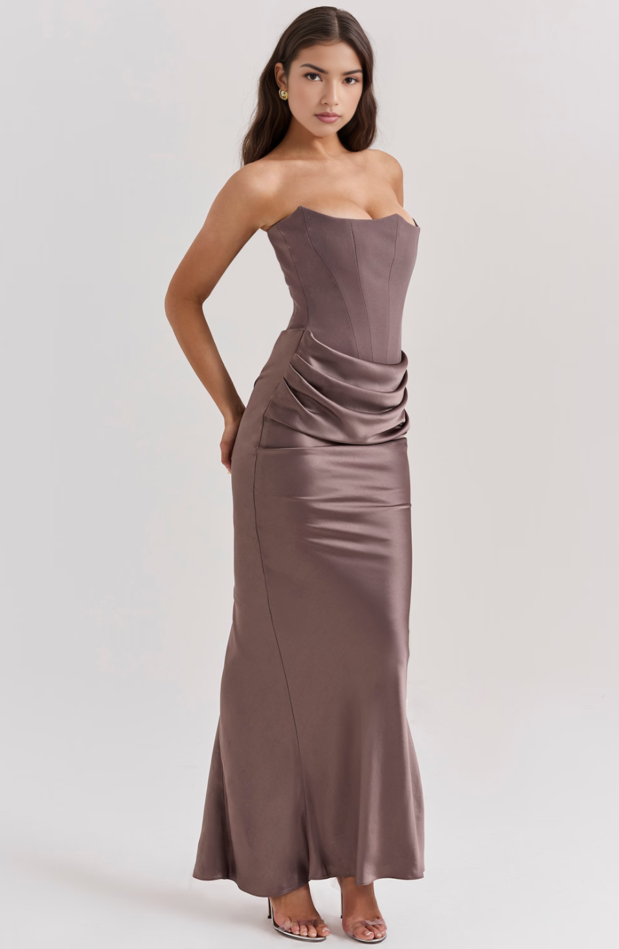 Strapless Corset Bodice Draped Ruched Satin Maxi Gown