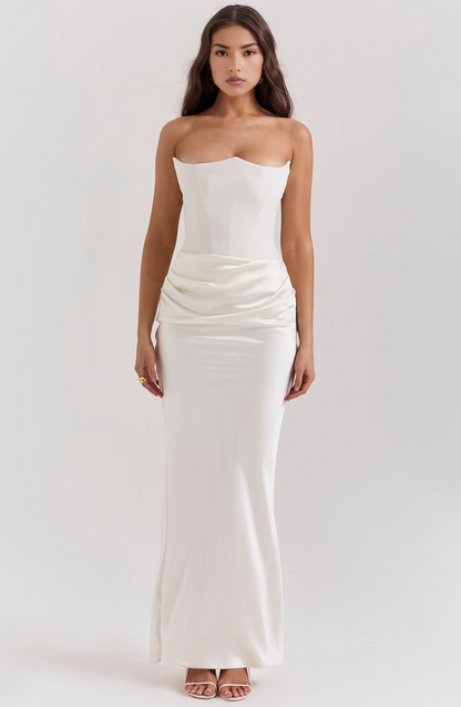 Strapless Corset Bodice Draped Ruched Satin Maxi Gown