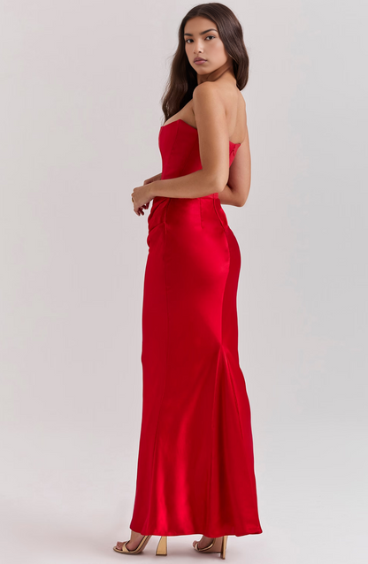 Strapless Corset Bodice Draped Ruched Satin Maxi Gown