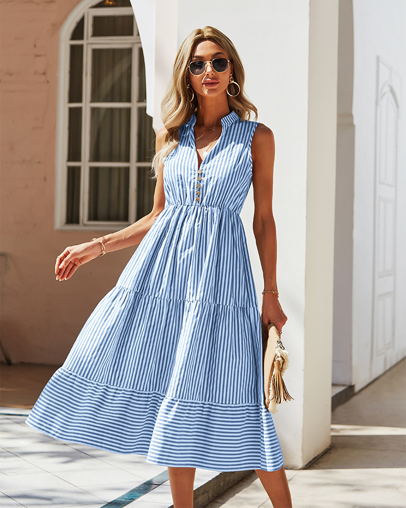 Pinstripe Mandarin Collar Button Front Tiered Mixed Direction Stripe Midi Dress