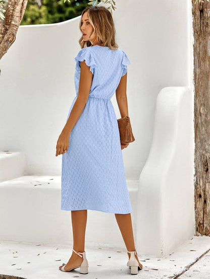 V Neck Button Front Flutter Sleeve Textured A-Line Midi Dress