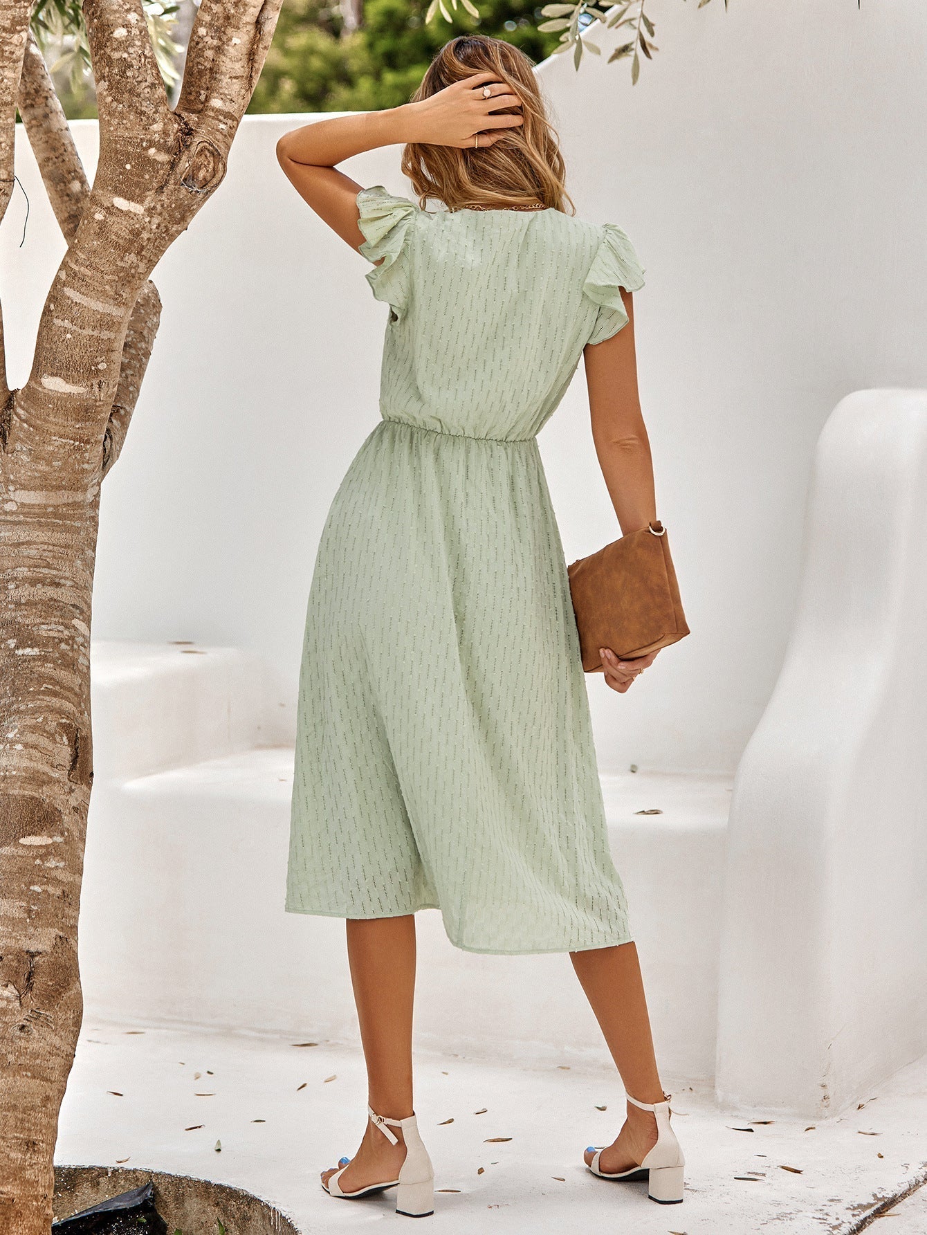 V Neck Button Front Flutter Sleeve Textured A-Line Midi Dress