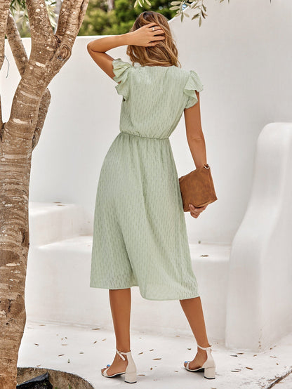 V Neck Button Front Flutter Sleeve Textured A-Line Midi Dress