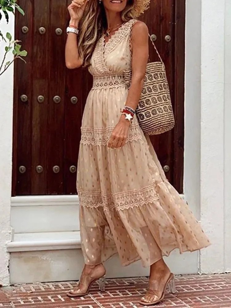 Lace Inset V-Neck Polka Dot Tiered Boho Maxi Dress