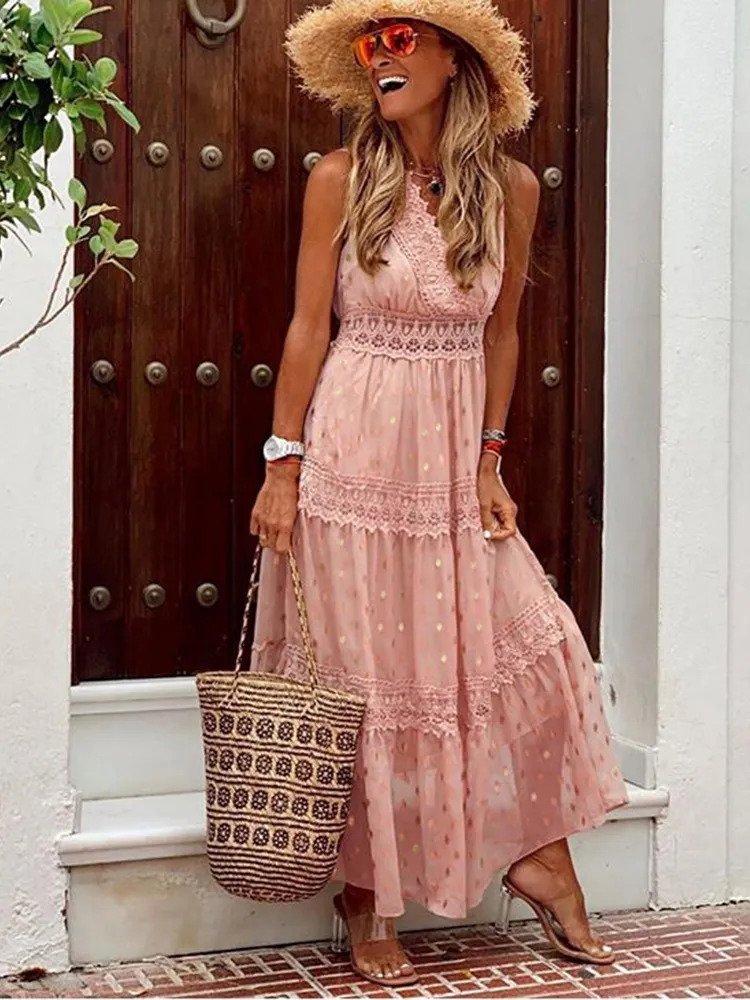 Lace Inset V-Neck Polka Dot Tiered Boho Maxi Dress