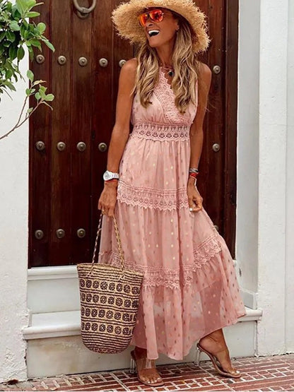 Lace Inset V-Neck Polka Dot Tiered Boho Maxi Dress