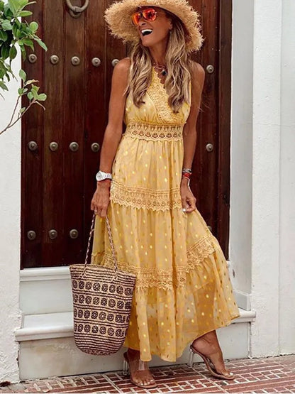 Lace Inset V-Neck Polka Dot Tiered Boho Maxi Dress