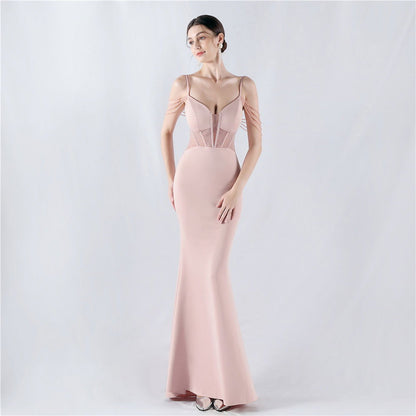 Evening Dress Waist Tight Boning Corset Beaded Rhinestone Cocktail Performance Host Evening Dress