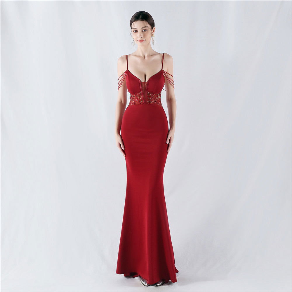 Evening Dress Waist Tight Boning Corset Beaded Rhinestone Cocktail Performance Host Evening Dress