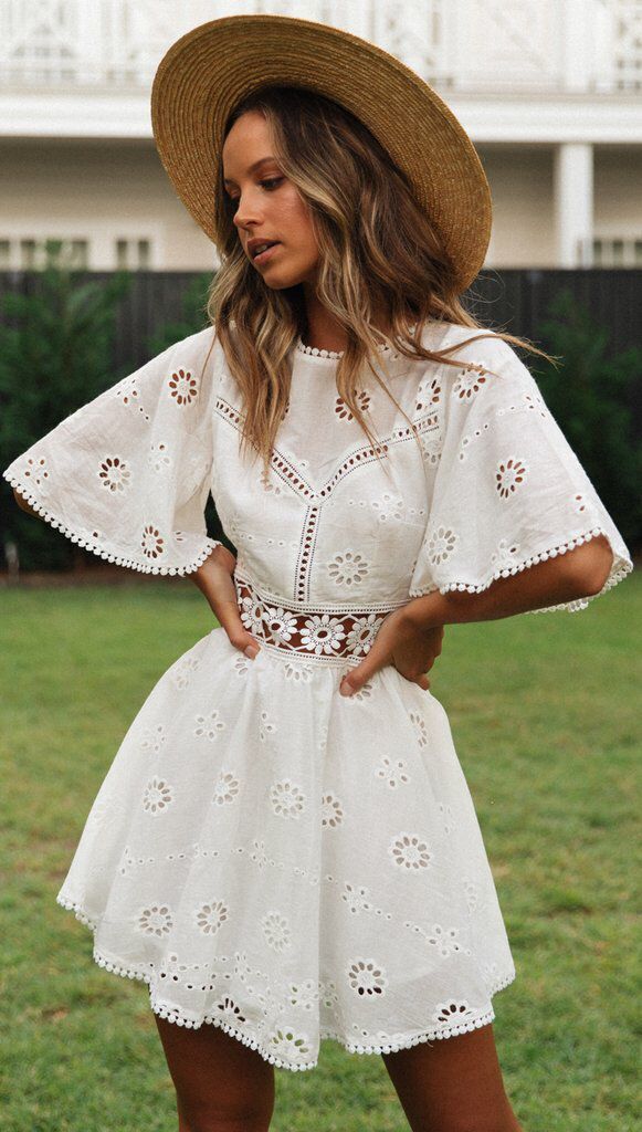 Eyelet Lace Butterfly Sleeve Scallop Trim Crochet Waist Mini Dress