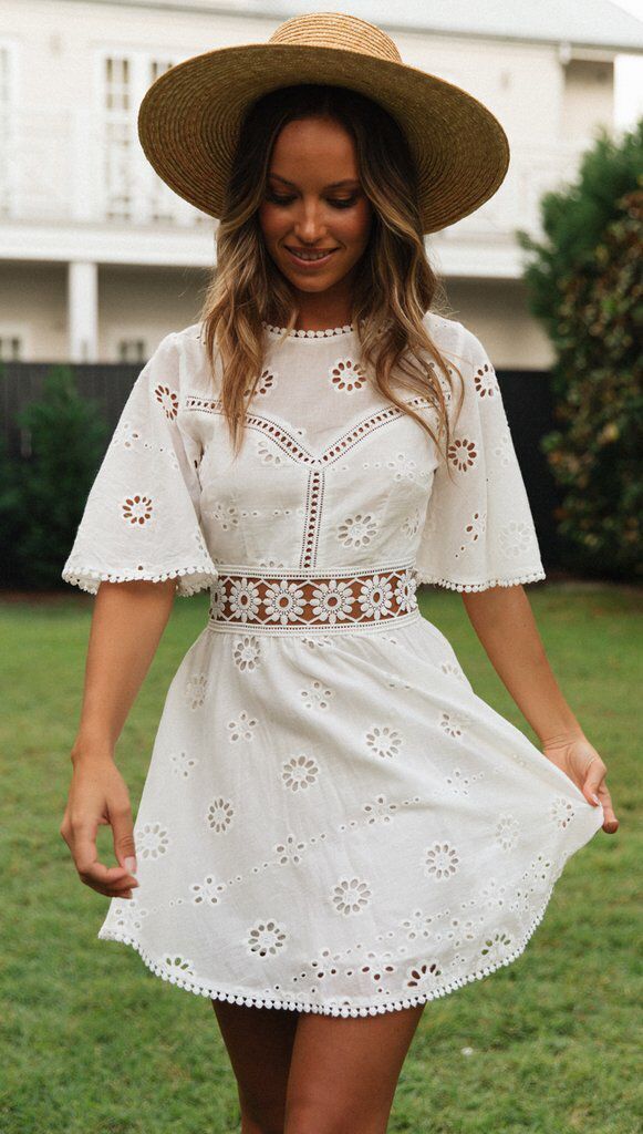 Eyelet Lace Butterfly Sleeve Scallop Trim Crochet Waist Mini Dress