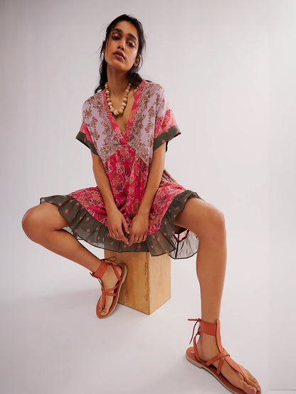 Bohemian Dress V-Neck Short Sleeves Oversized Summer Casual Mini Dresses