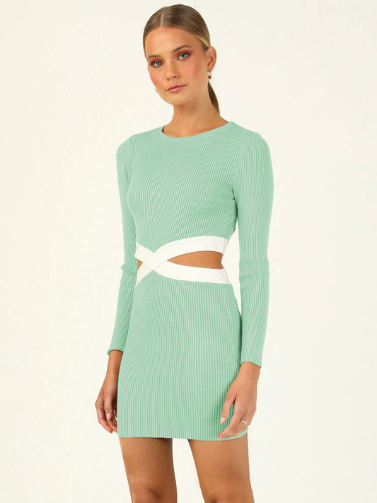 Two-Tone Knitted Dress Cutout Round Neck Long Sleeves Casual Mini Dresses