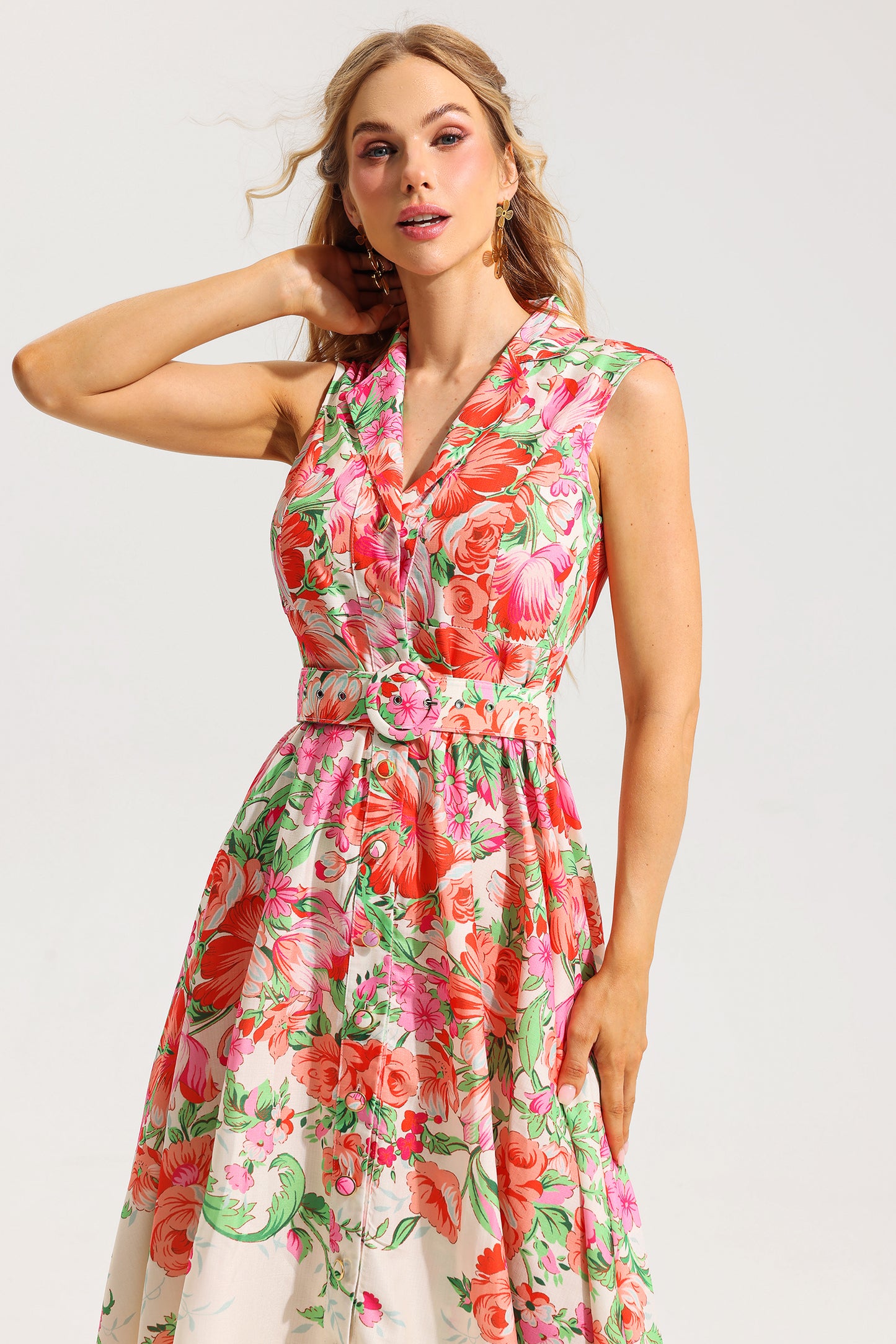 Floral Bottom Sleeveless Midi Dress With Belt