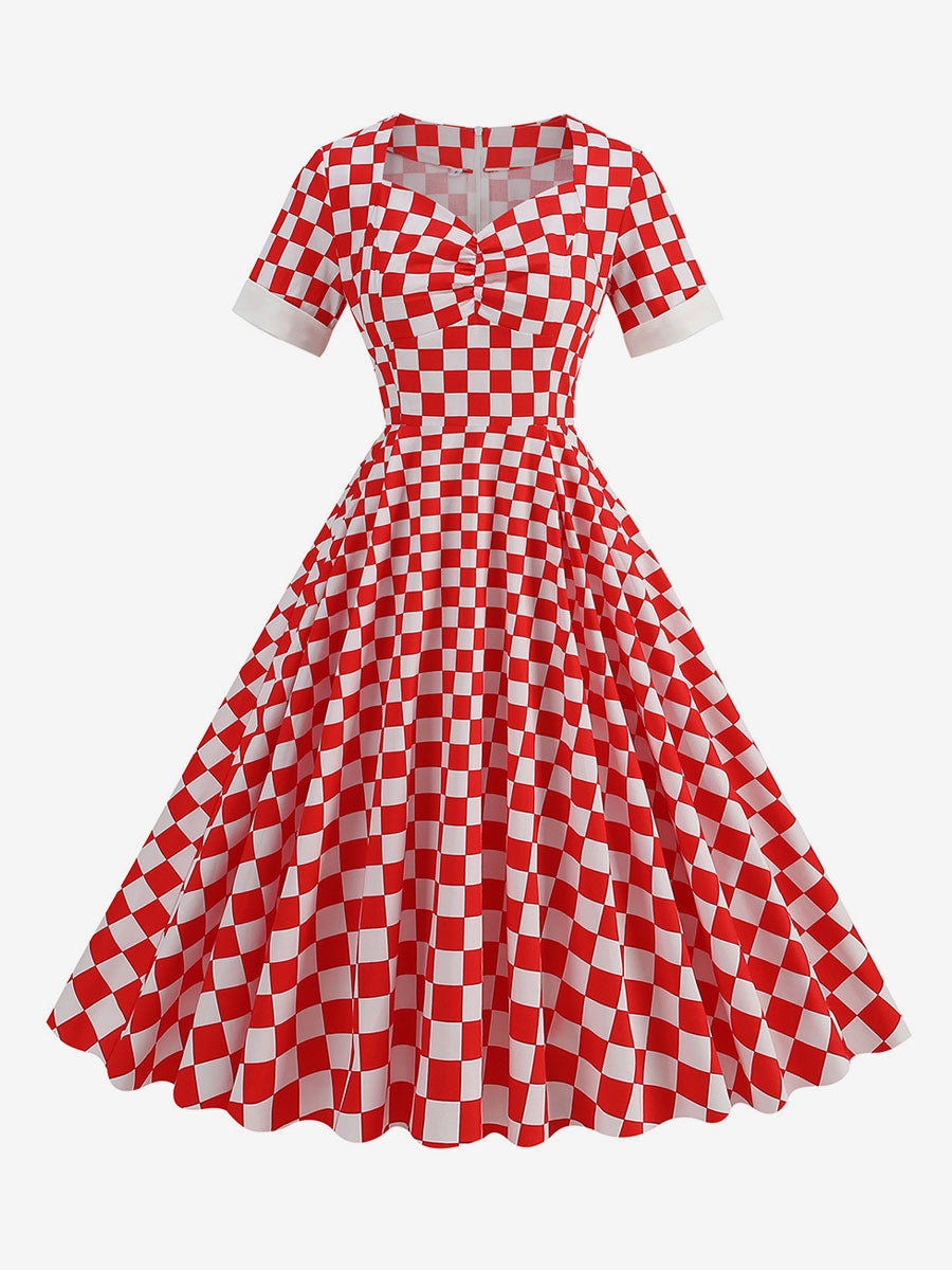 Dress Block Designed Neckline Short Sleeves Retro Midi Dress