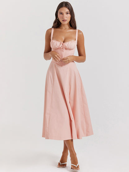 Summer Dress Sleeveless Straps Neck Chic Lace Up Midi Dress For Women