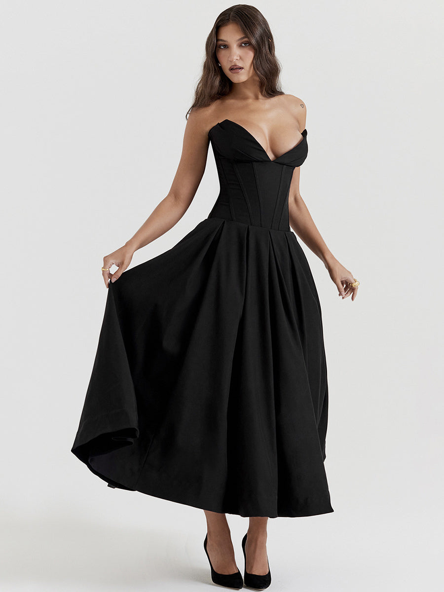Princeess Line Dress Plunge Bodice Full Circle Skirt Prom Midi Dresses