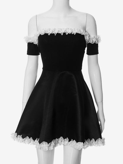 Off Shoulder Dress Ruffles Trim Contrast Sexy Mini Dresses