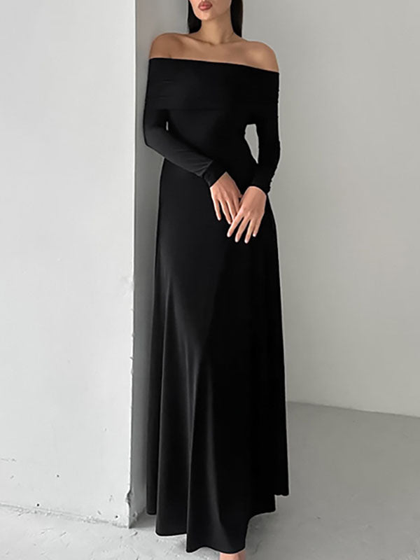 High Waisted Long Sleeves Solid Color Off-The-Shoulder Maxi Dresses