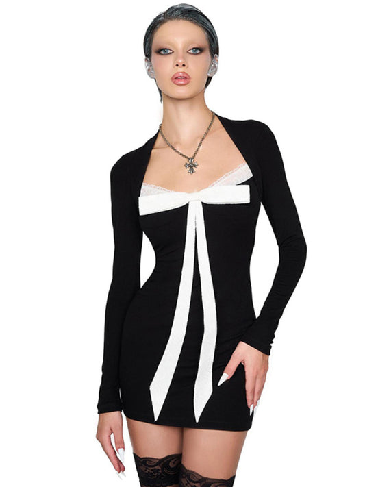 TARUXY Lace Splice Bow Sheath Dresses For Women Long Sleeve Bodycon High Waist Mini Dress Ladies Party Elegant Dress Slim Woman