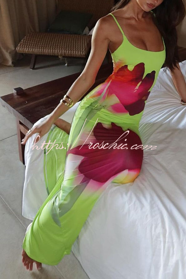 Botanical Floral Print Suspender Backless Slim Fit Slit Holiday Maxi Dress