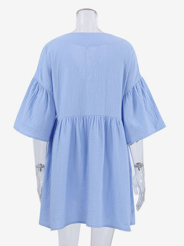 Boho Dress V-Neck Ruffles Sleeves Belted Summer Beach Mini Dresses