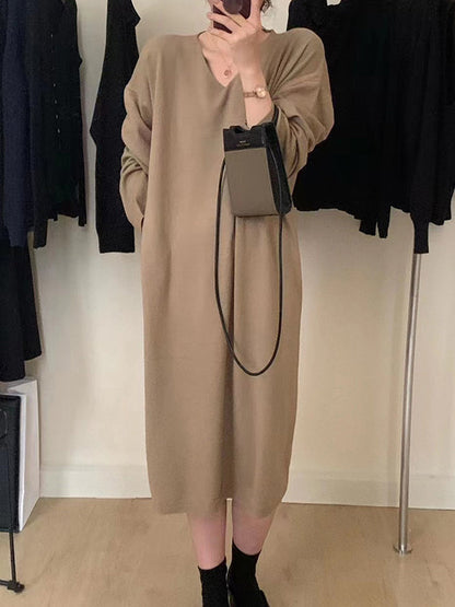 Long Sleeves Loose Solid Color V-Neck Midi Dresses Sweater Dresses