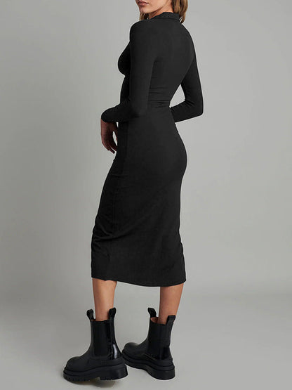 High Waisted Long Sleeves Buttoned Solid Color Lapel Midi Dresses