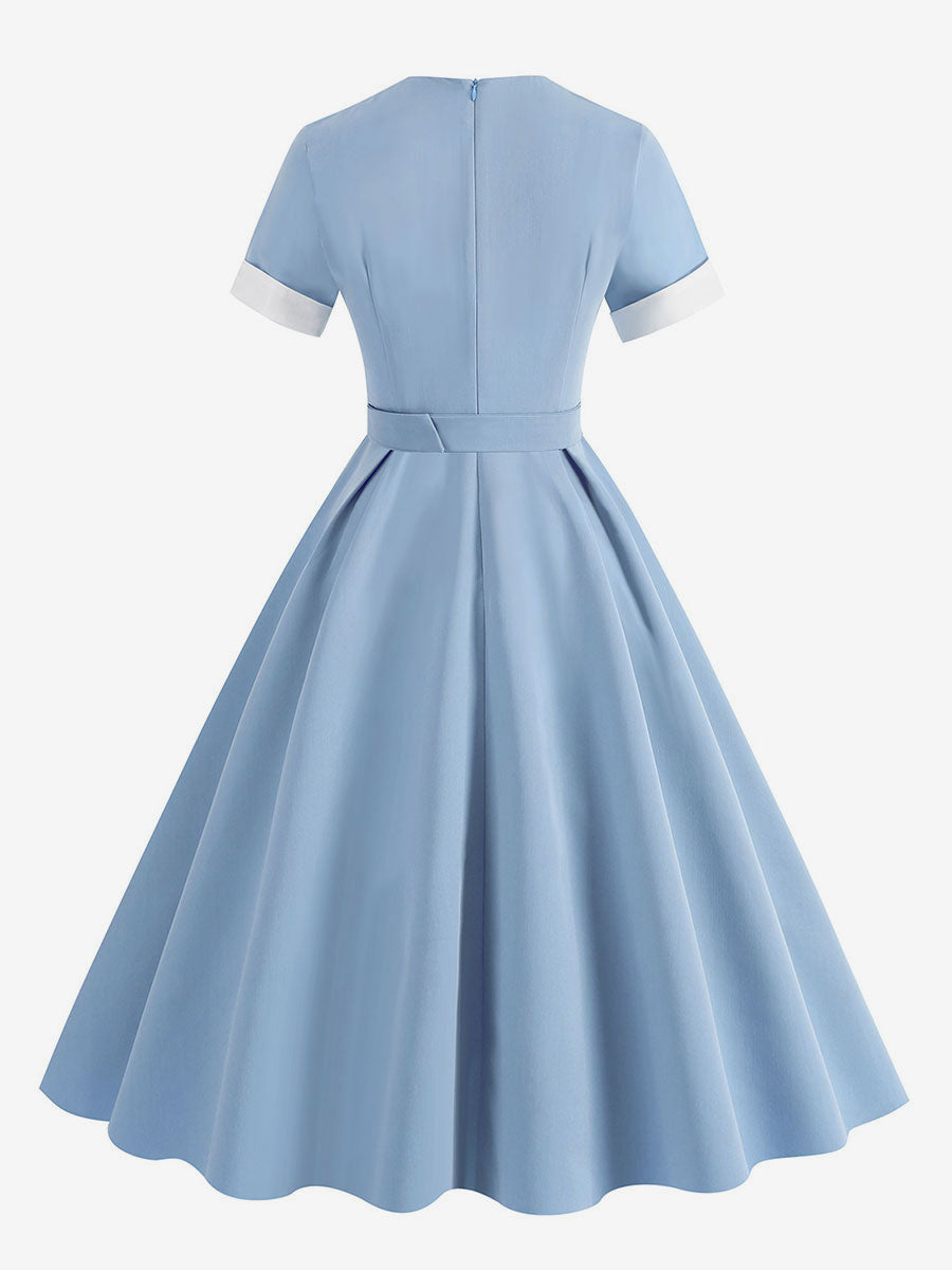 Dress Designed Neckline Short Sleeves Ring Detail Retro Midi Dress