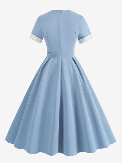 Dress Designed Neckline Short Sleeves Ring Detail Retro Midi Dress