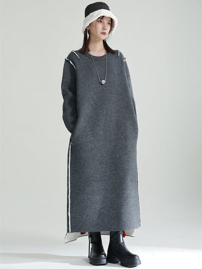 Casual Long Sleeves Loose Solid Color Round-Neck Sweater Dresses