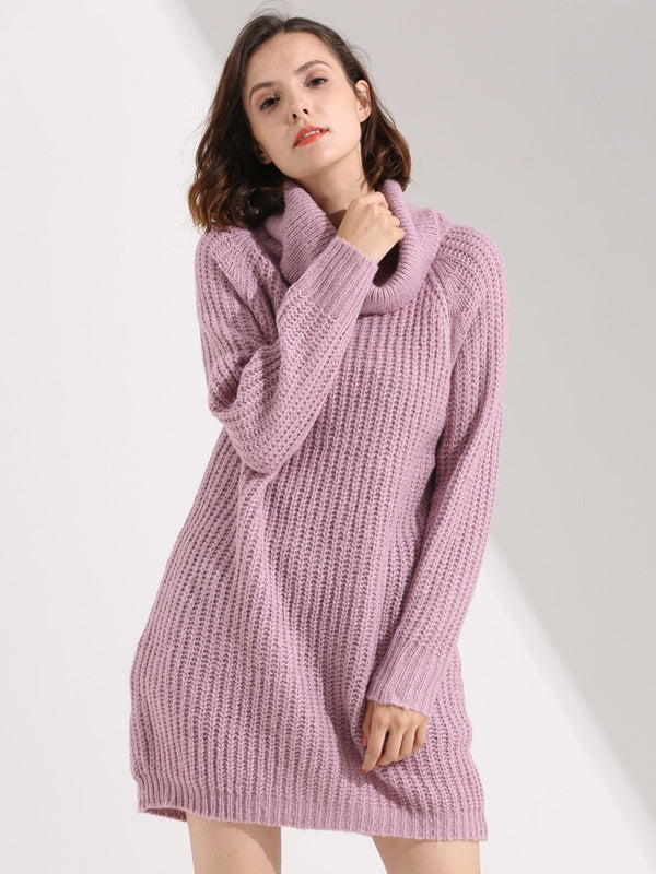 Slouchy Knitted Dress Turtleneck Long Sleeves Ribbed Cuff Mini Dresses