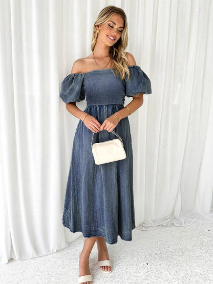 Blue Long Dress Off The Shoulder Pleated Daily Midi Dresses