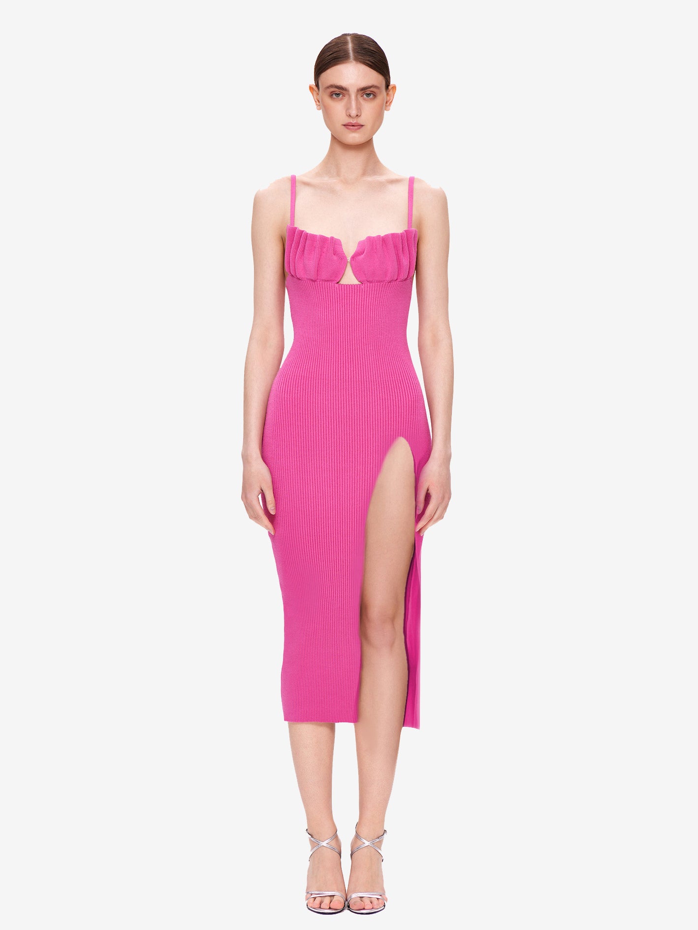 Textured Bodycon Dress Designed Pleated High Slit Sexy Party Midi Dresses
